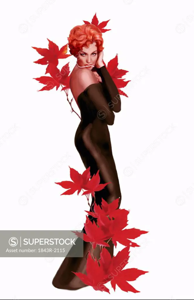Pinup girl in black dress with red leaves