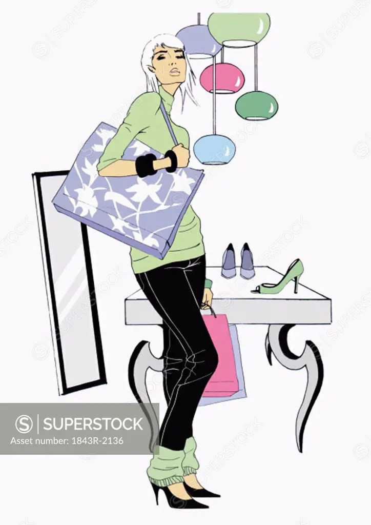Woman in winter clothing in a shoe store