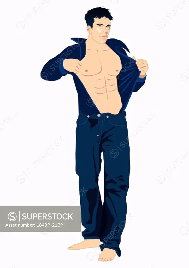 Man in jeans taking his shirt off showing bare muscular chest