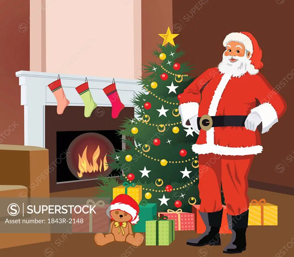 Santa claus standing with christmas tree and gifts