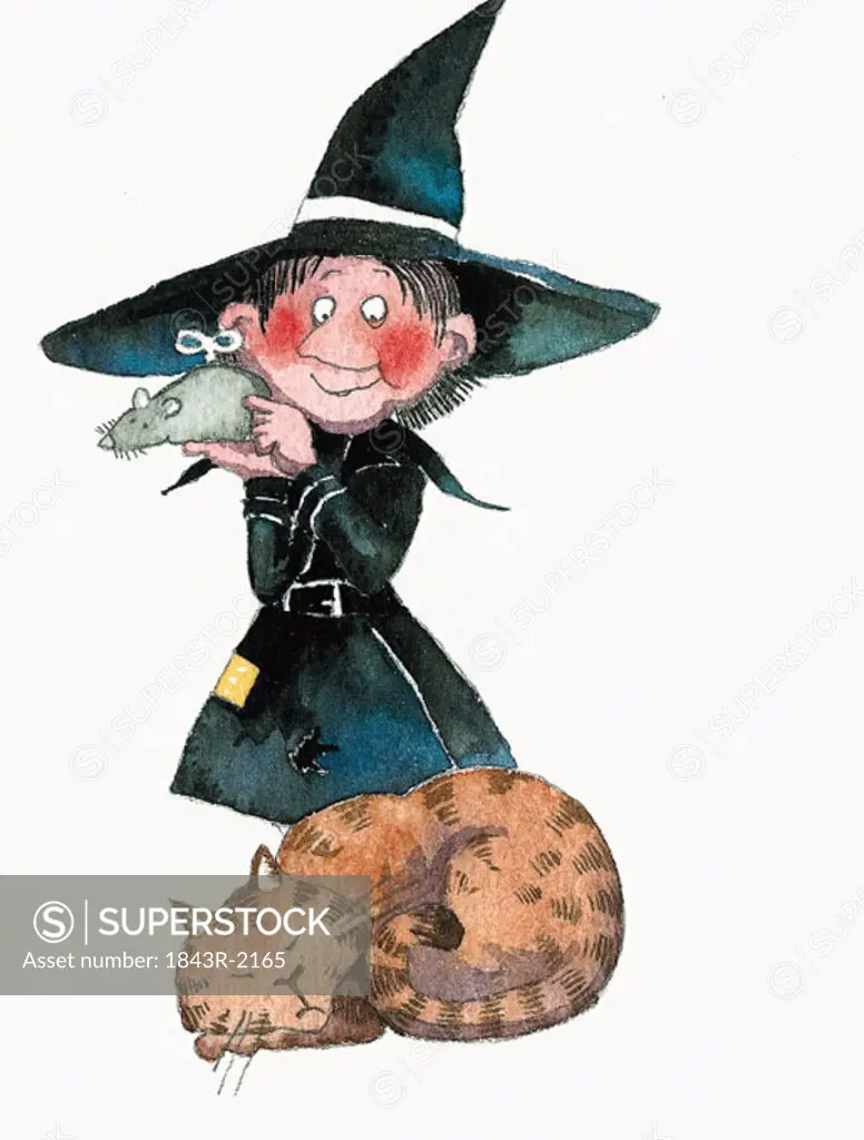 Friendly witch ready to surprise her cat with toy mouse