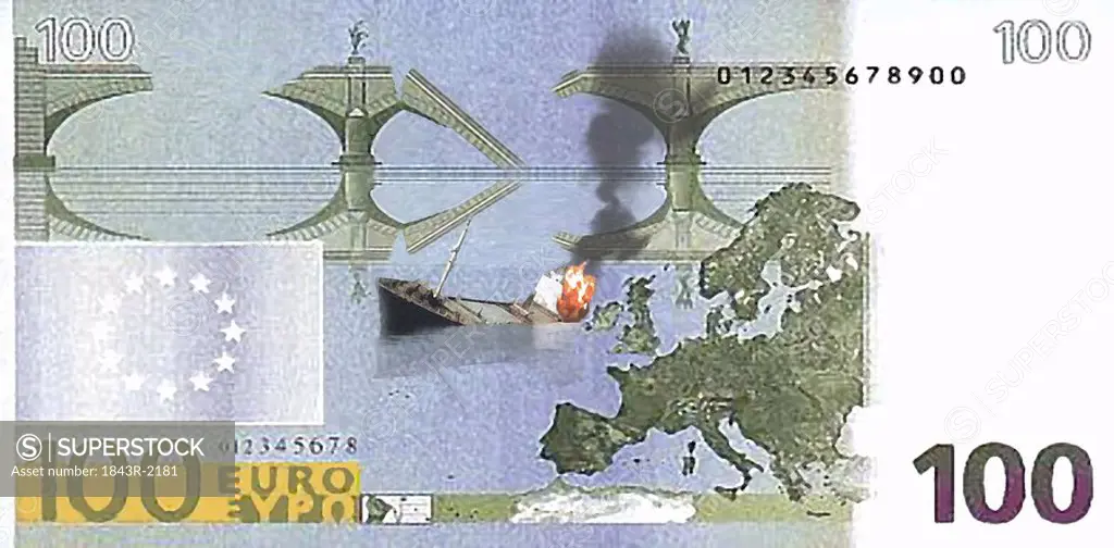 Battleship sinking on a 100 Euro bill