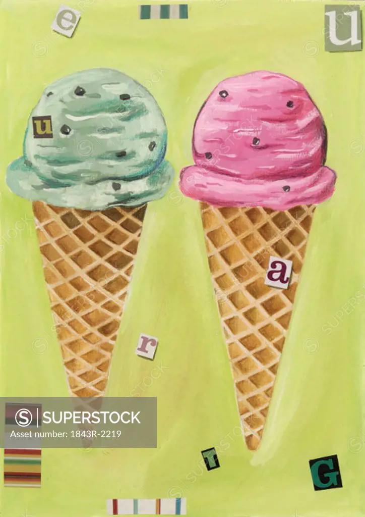 A green and a pink ice cream cone
