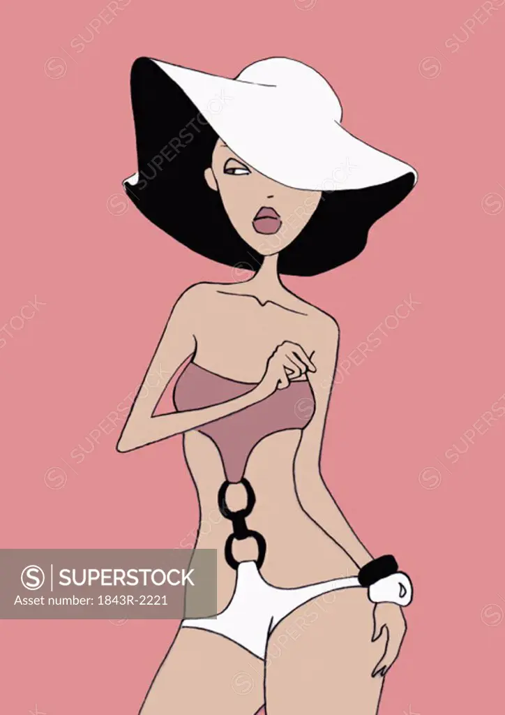 Woman posing in fashionable one-piece bathing suit and hat