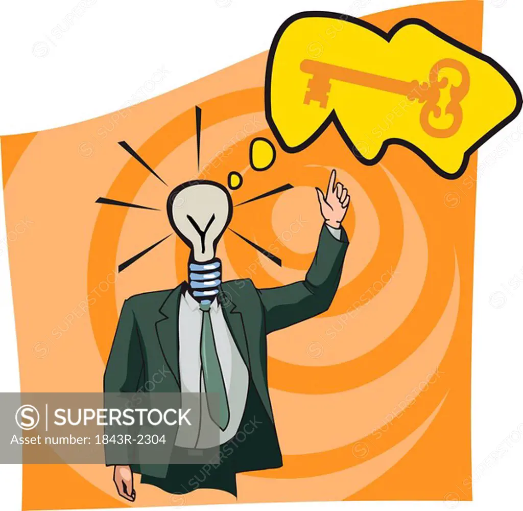 Businessman with lightbulb head pointing to the key