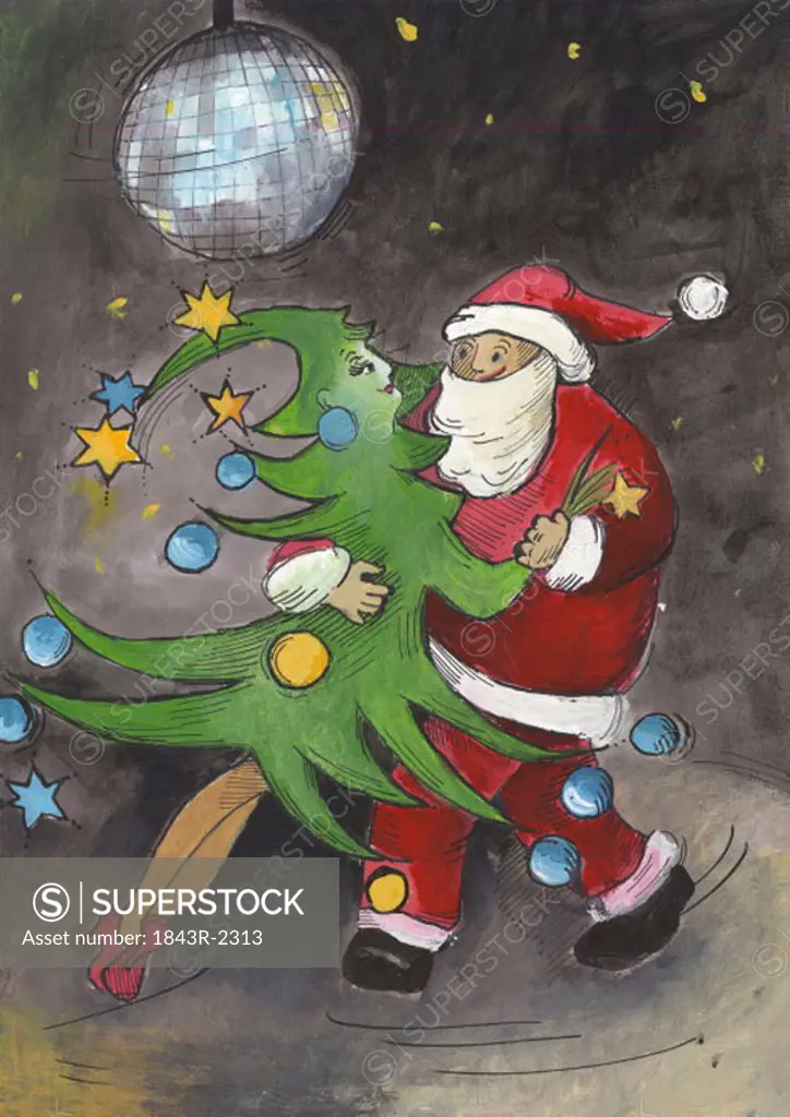 Santa Claus dancing with female Christmas tree