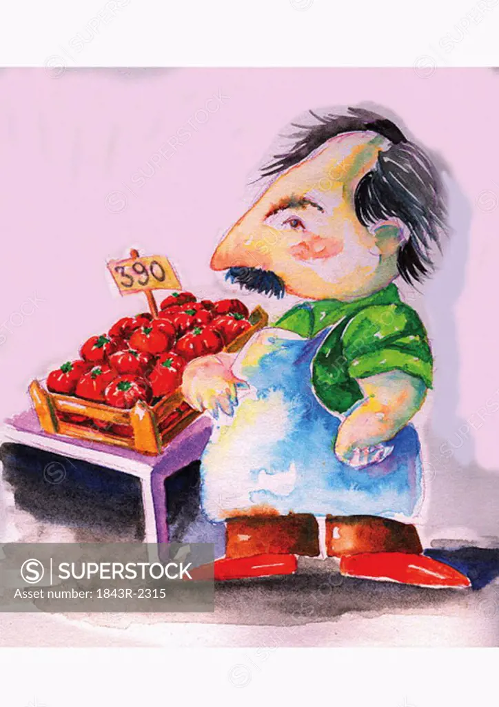 Man at market table with tomatoes
