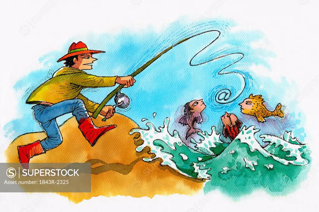 Fisherman catching fish with human heads
