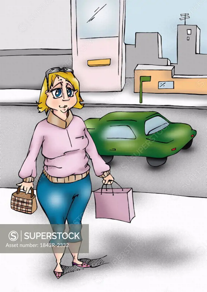 Dumpy woman with purse and shopping bag