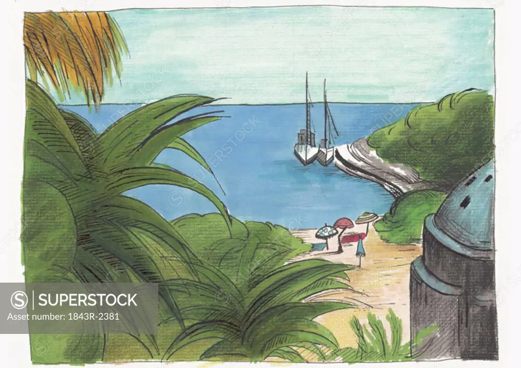 Island beach scene with sailboats in background