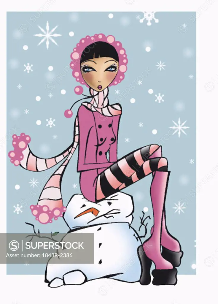 Young woman sitting on snowman