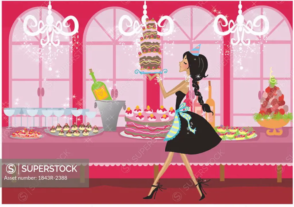 Young woman carrying a tall cake to a table full of sweets