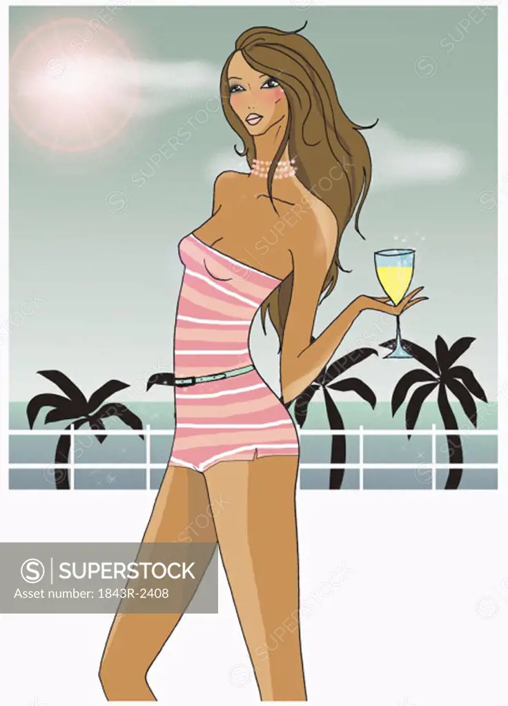 Brunette with summer shorts and halter top with drink in her hand