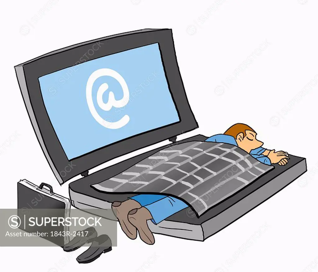 Businessman taking a nap in laptop computer