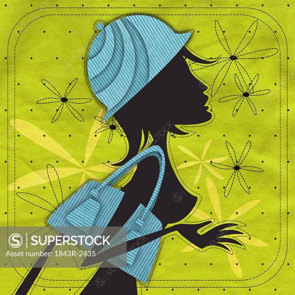 Silhouette of woman wearing matching hat and purse