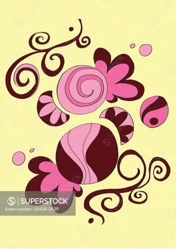 Pink and black flowery pattern on yellow background