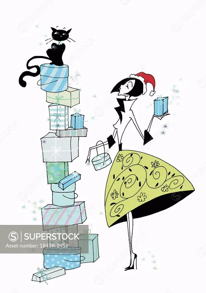 Woman with a tower of presents
