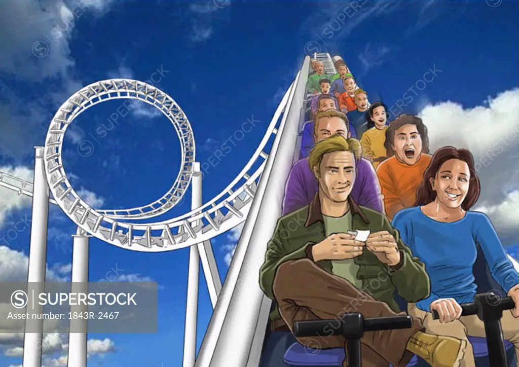 Couple on a rollercoaster ride looking happy and relaxed