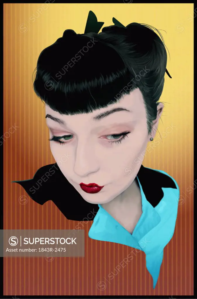 Portrait of trendy young woman with short bangs and pursed lips