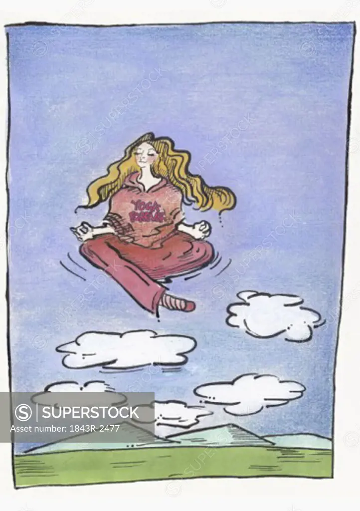 Woman meditating in a yoga pose hovering in the air