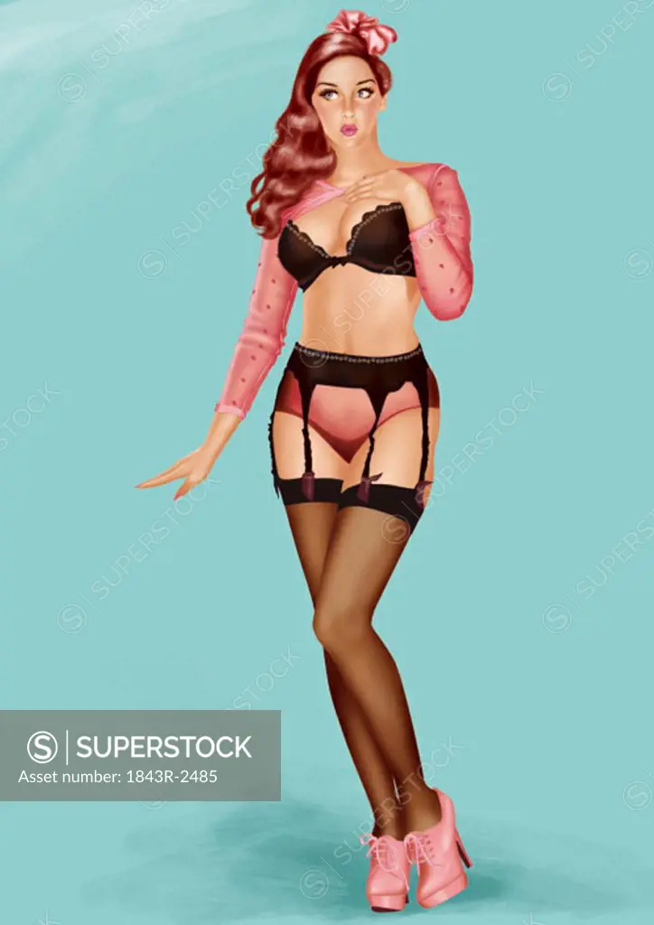 Pinup girl in sexy black and pink lingerie