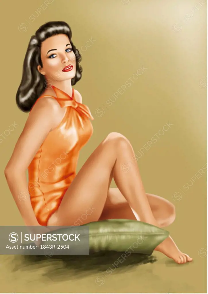 Pinup girl sitting on green cushion