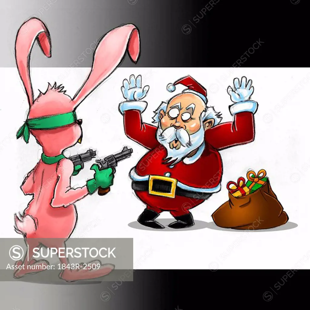 Santa Claus being held up by a bunny rabbit
