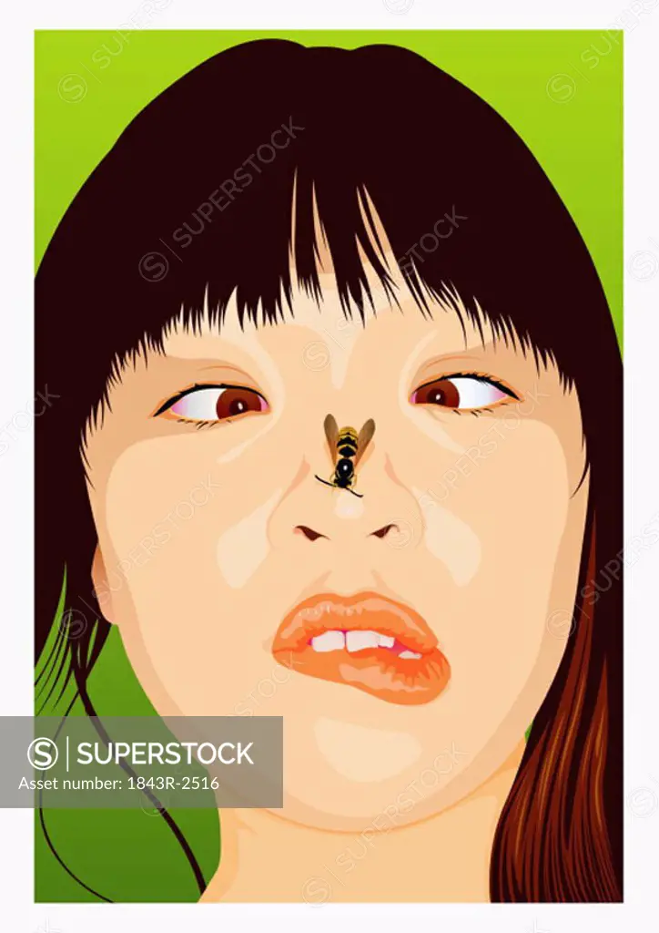 Young woman grimacing crosseyed with bee on her nose