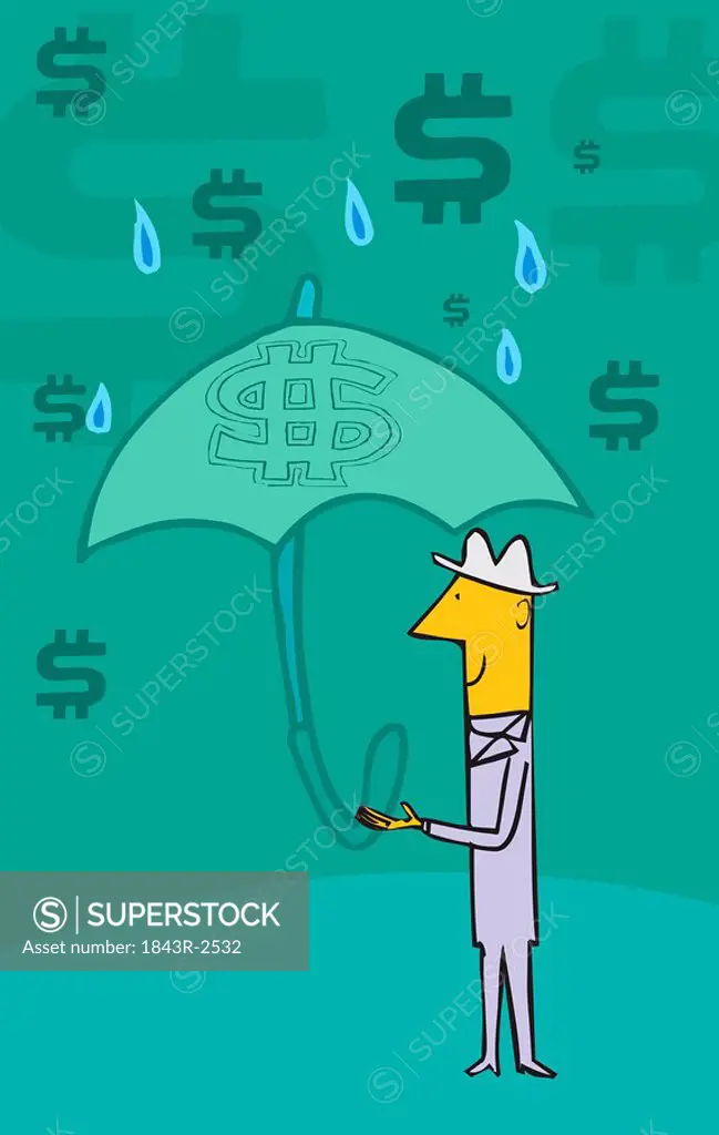 Man standing in rain holding umbrella and dollar symbols in the sky