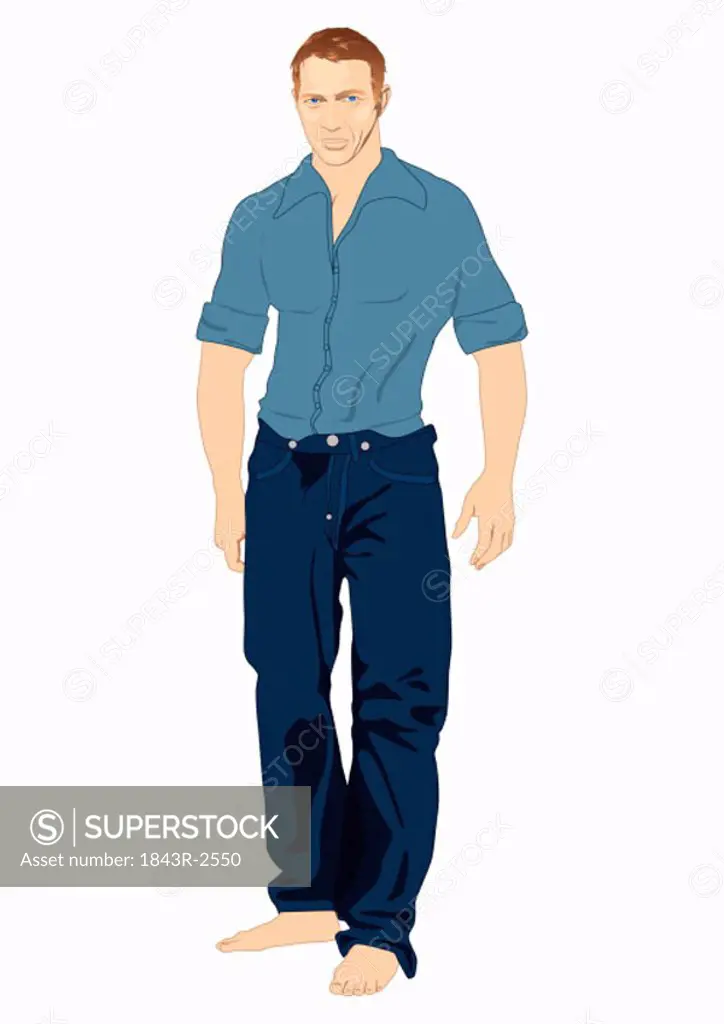 Muscular man posing with jeans and blue shirt