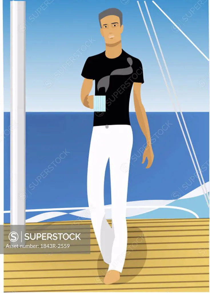 Young man with coffee cup on deck of a sailboat