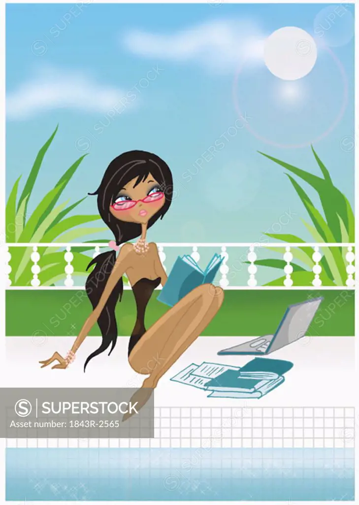 Woman at pool with books and laptop