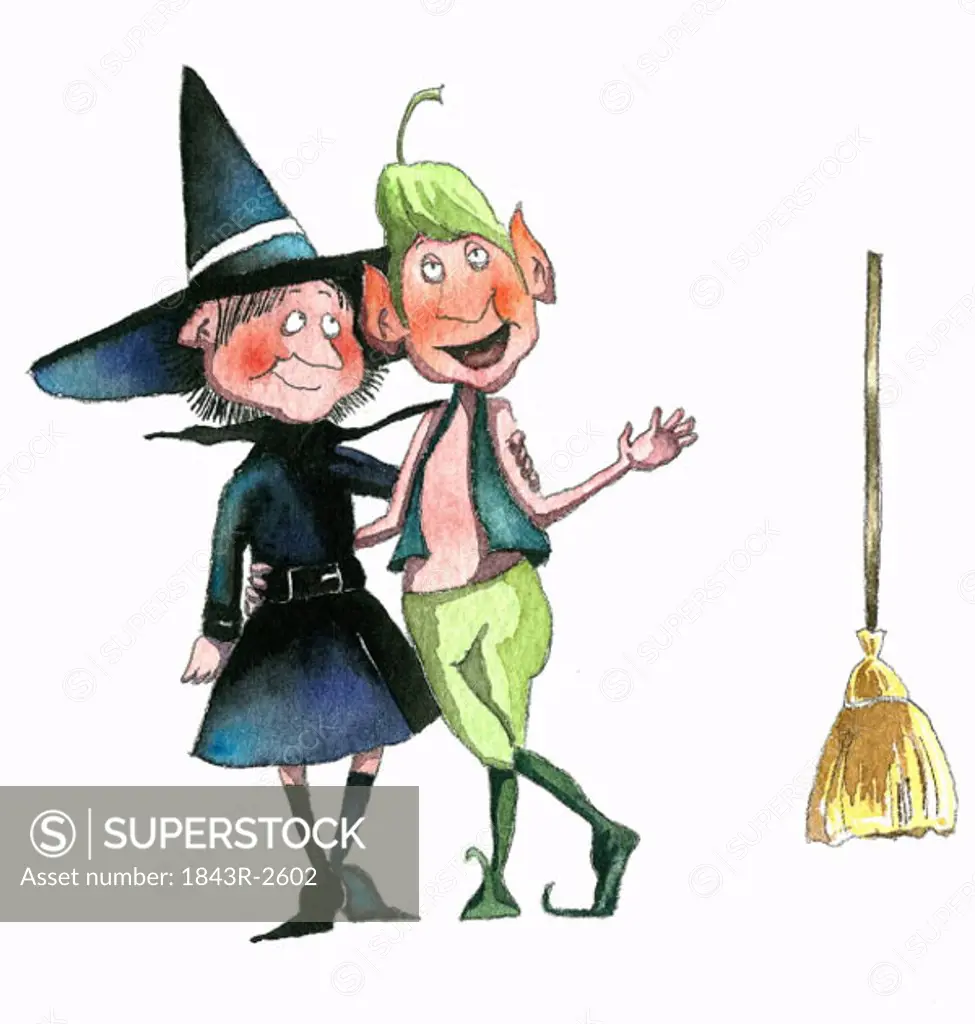 Witch and elf with arms around each other