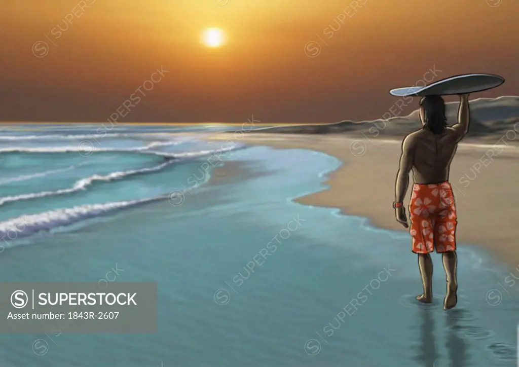 Man watching the sunset with a surfboard balanced on his head