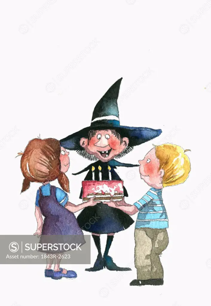 Two children presenting a birthday cake to a witch