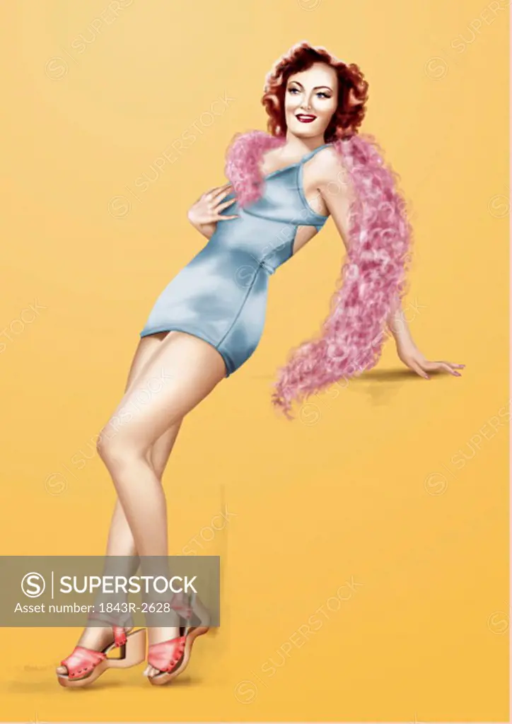 Pinup girl in blue lingerie, pink feather boa, and sandals