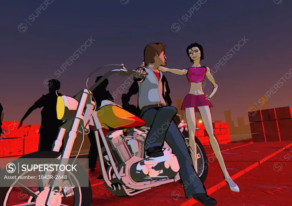 Man on motorcycle flirting with sexy woman