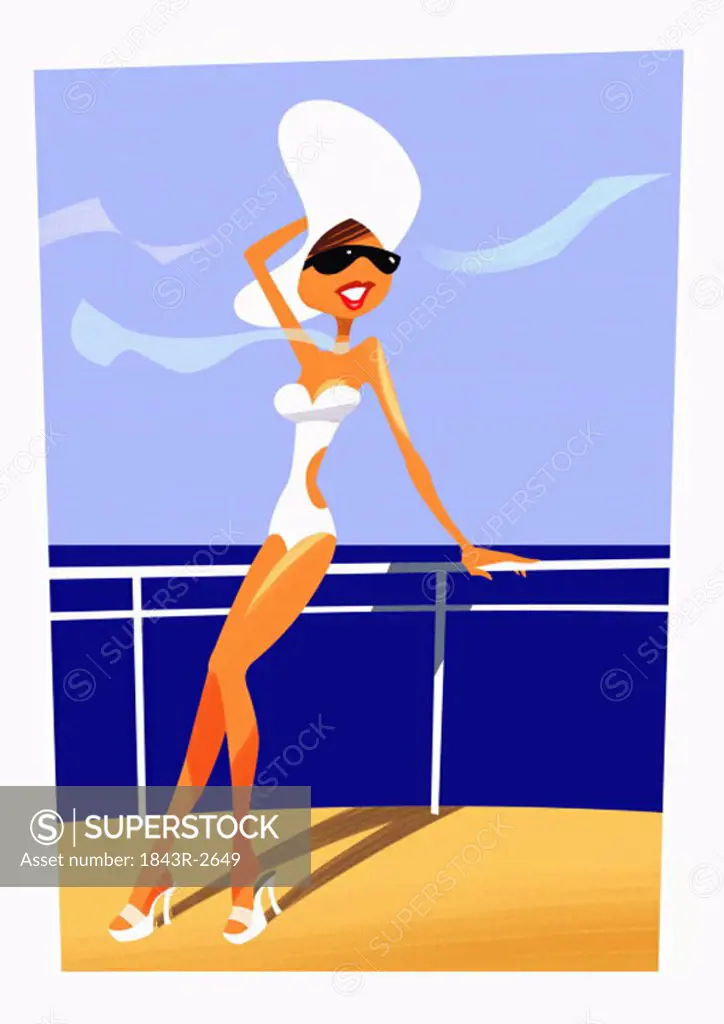 Woman in bathing suit, hat, and sunglasses basking in the sun on the deck of a boat