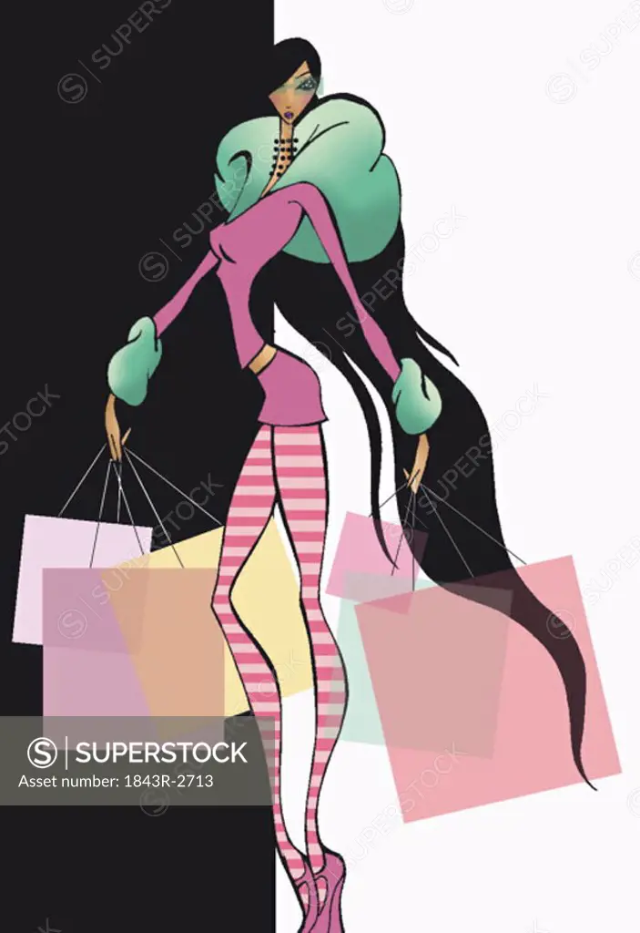 Woman with long legs and long hair holding shopping bags