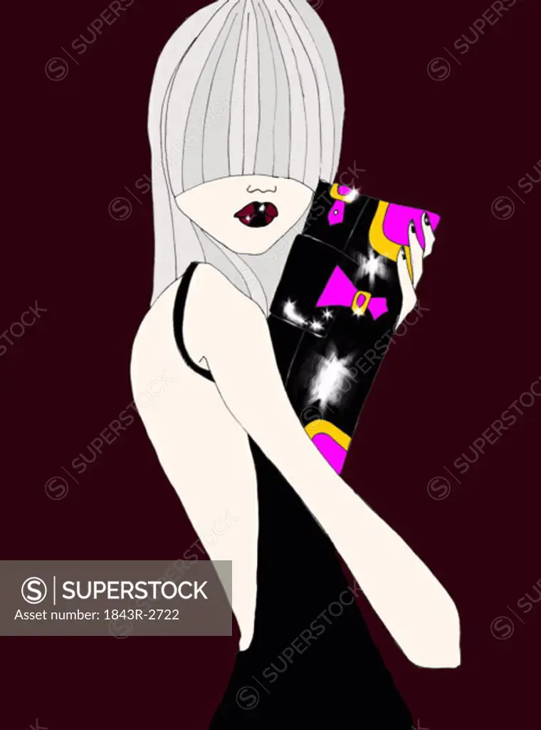 Woman with bangs covering her face fashioning a handbag