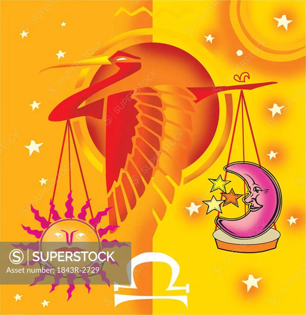Libra, astrological sign with scale and bird