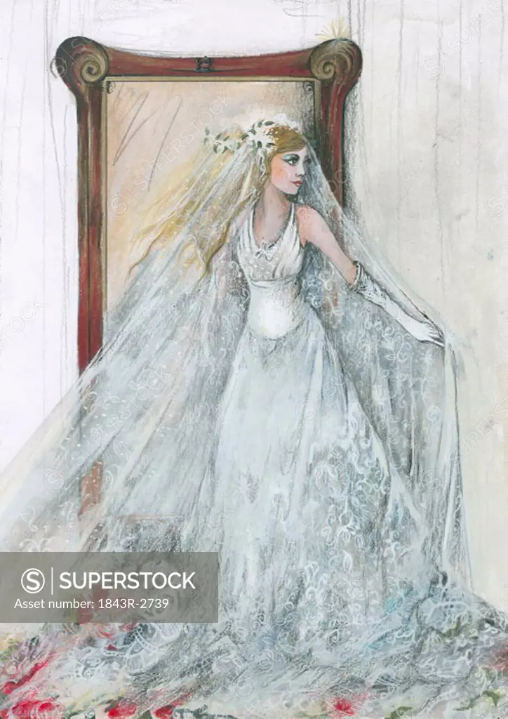 Bride in her wedding dress in front of mirror