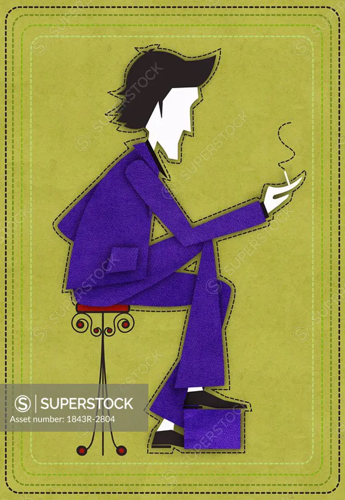 Man on stool with cigarette trying shoes on