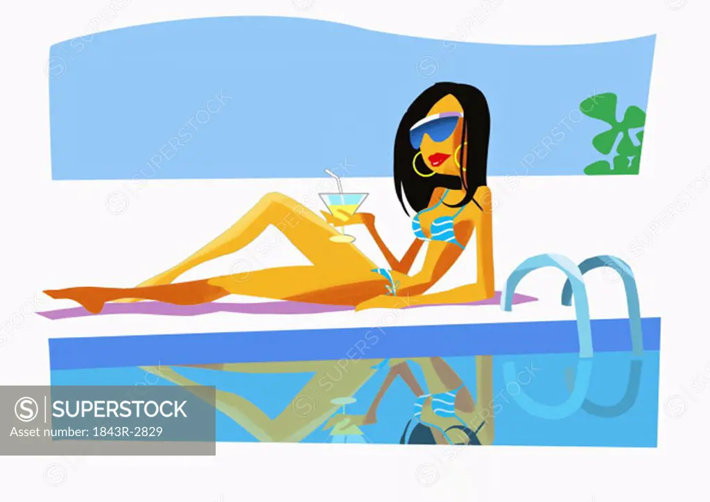 Woman in a bikini and sunglasses lounging by swimming pool with a cocktail