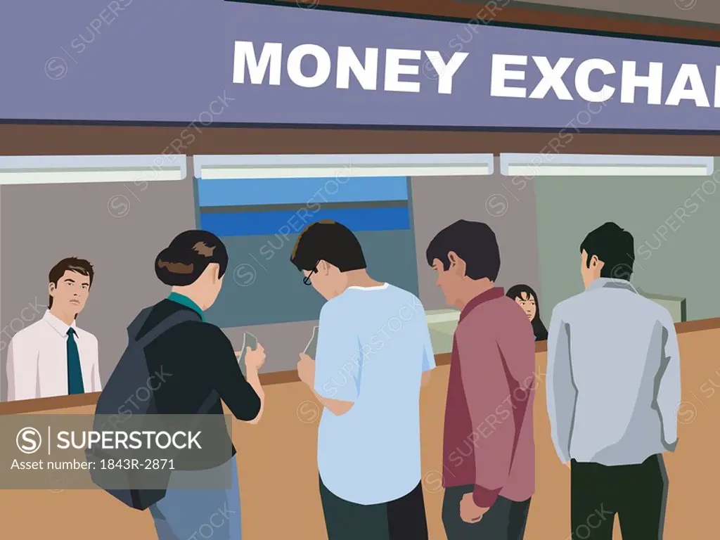 Rear view of people at money exchange counter