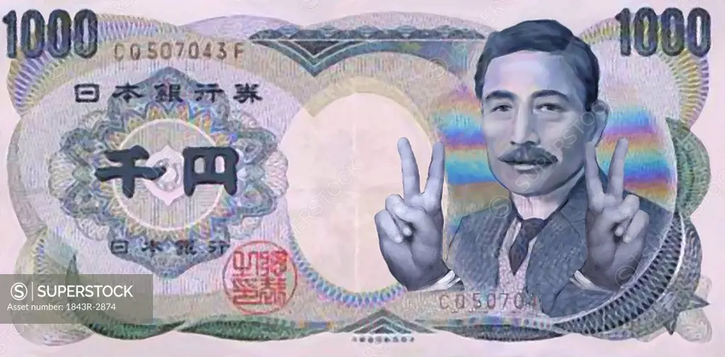 Asian money with political figure gesturing peace signs