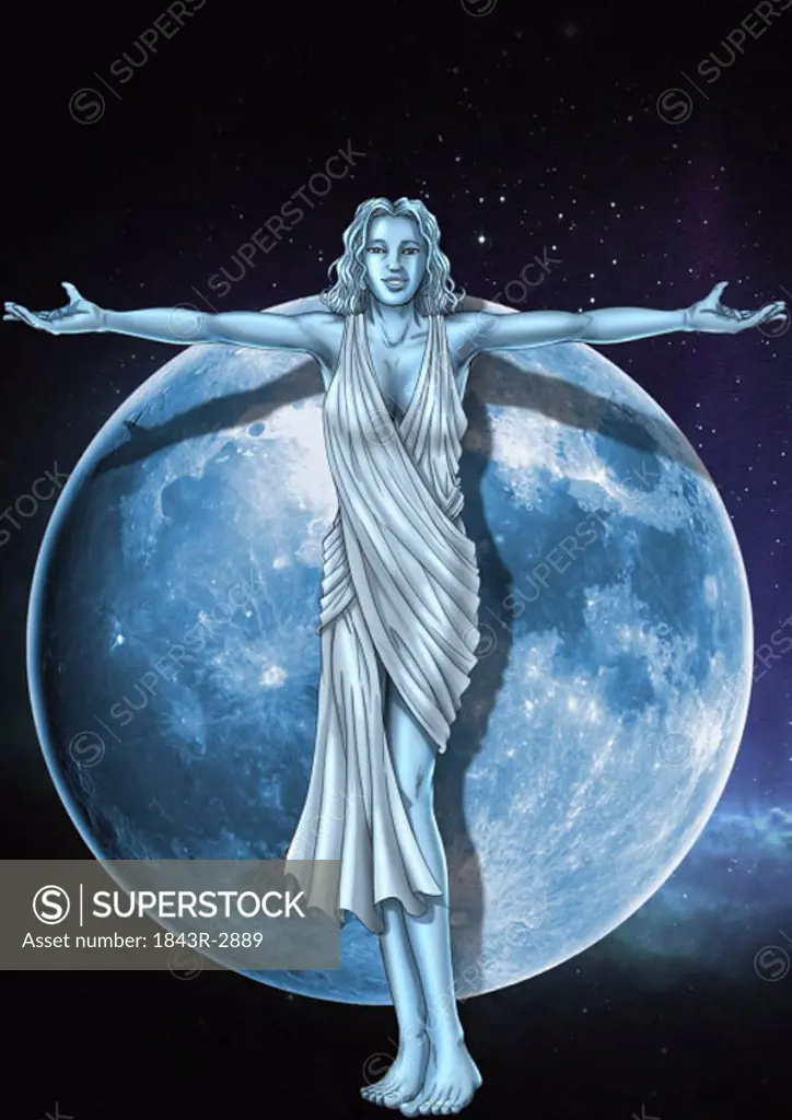 Woman with her arms out in front of the moon