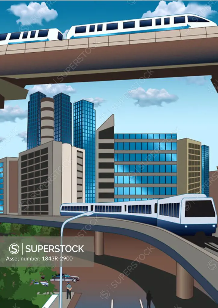 Trains on overpasses in urban landscape