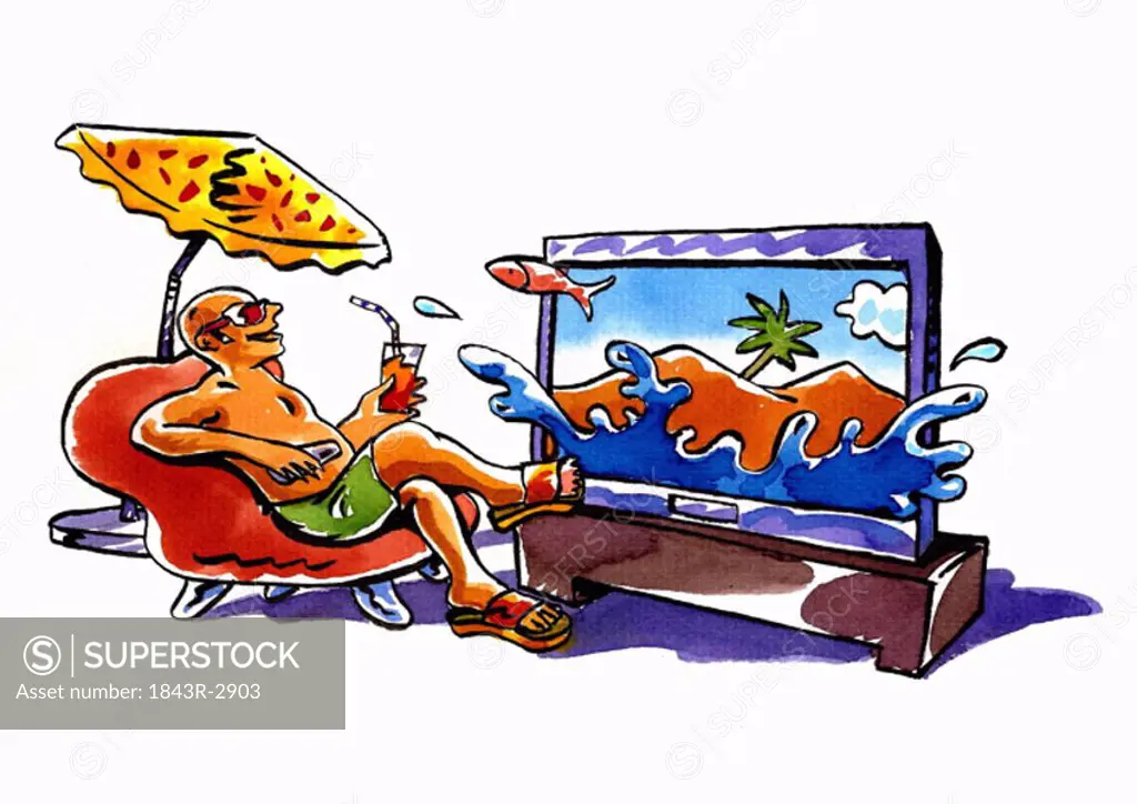 Bald man having a virtual vacation experience in his living room with TV