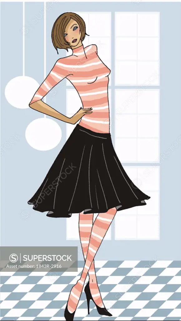 Woman in skirt and matching stripes posing in front of window